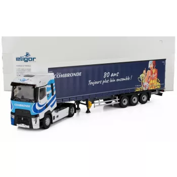   Eligor - RENAULT T-HIGH TRUCK TELONATO COMBRONDE TRANSPORTS 2025 - 80 ANS TOUJOURS PLUS LOIN ENSEMBLE WHITE BLUE