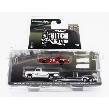   Greenlight - CHEVROLET C-30 PICK-UP CUSTOM DELUXE 1986 WITH TRAILER + MONTE CARLO SS N 25 RACING 1986 WHITE RED