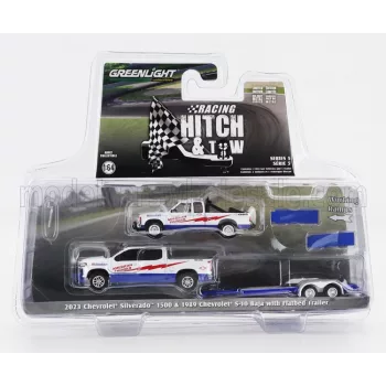  Greenlight - CHEVROLET SILVERADO 1500 PICK-UP 2023 WITH TRAILER + S-10 PICK-UP BAJA 1989 WHITE RED BLUE