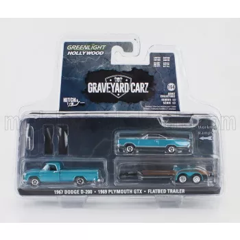   Greenlight - DODGE D-200 PICK-UP 1967 WITH TRAILER + GTX COUPE 1969 - GRAVEYARD CARZ BLUE MET