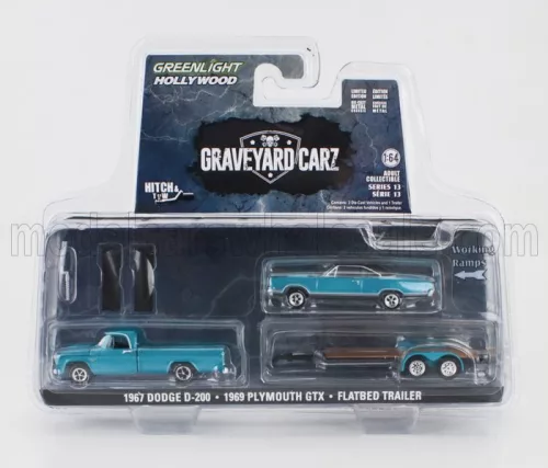 Greenlight - DODGE D-200 PICK-UP 1967 WITH TRAILER + GTX COUPE 1969 - GRAVEYARD CARZ BLUE MET