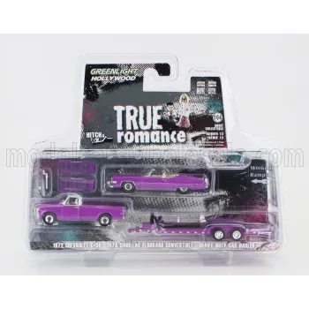   Greenlight - CHEVROLET C-30 PICK-UP 1972 WITH TRAILER + CADILLAC ELDORADO CABRIOLET OPEN 1974 - TRUE ROMANCE LILLAC