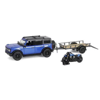   Greenlight - 1:64 2021 Ford Bronco Black Diamond - Velocity Blue Metallic with Utility Trailer and Motorcycle Solid Pack - Hitch & Tow Series 32 - GreenLight
