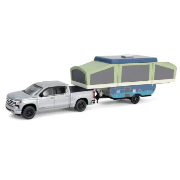   Greenlight - 1:64 2024 Chevrolet Silverado High Country - Sterling Gray Metallic with Pop-Up Camper Solid Pack - Hitch & Tow Series 32 - GreenLight