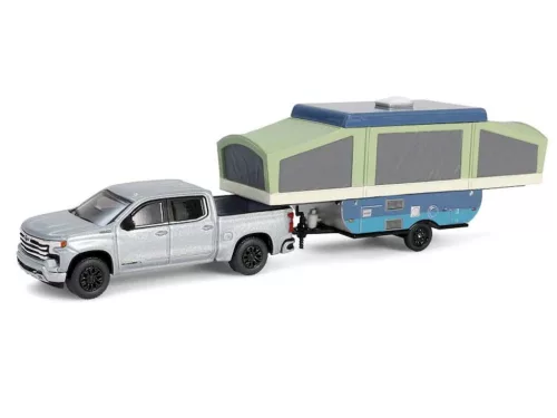 Greenlight - 1:64 2024 Chevrolet Silverado High Country - Sterling Gray Metallic with Pop-Up Camper Solid Pack - Hitch & Tow Series 32 - GreenLight