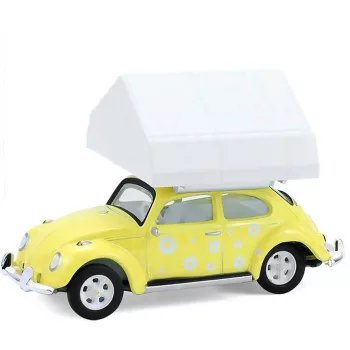   Greenlight - 1:64 Classic Volkswagen Beetle - Yellow Flower Power with Camp'otel Cartop Sleeper Tent - The Great Outdoors Series 4