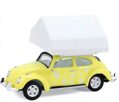 Greenlight - 1:64 Classic Volkswagen Beetle - Yellow Flower Power with Camp'otel Cartop Sleeper Tent - The Great Outdoors Series 4