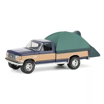   Greenlight - 1:64 1987 Ford F-150 XLT Lariat - Dark Blue and Tan with Modern Truck Bed Tent - The Great Outdoors Series 4