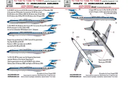 HAD models - Tu-134 Tu-134 A Tu-134 - A-3 MALĂ‰V 70Â'-80Â' years DRY-WATER decal sheet 1:144