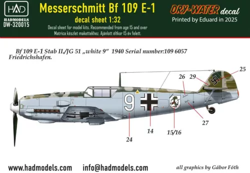 HAD models - Messerschmitt BF 109 E-1 (White 9) decal sheet 1:32