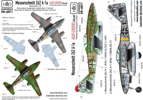 HAD models - Messerschmitt Me 262 A-1 (Luftwaffe black ”L”, white 17) decal sheet 1:48