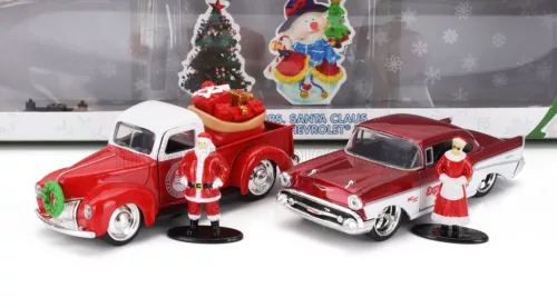 Jada - FORD USA SET HOLIDAY RIDES 2022 - PICK-UP 1941 WITH CHEVROLET BEL AIR 1957 WITH SANTA CLAUS (BABBO NATALE) & MRS. SANTA CLAUS FIGURES RED MET WHITE