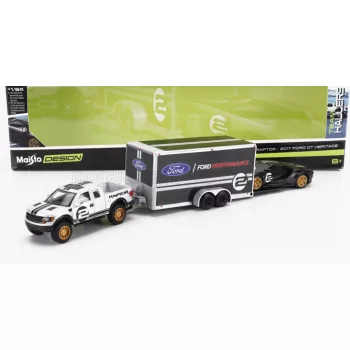   Maisto - FORD USA F-150 RAPTOR PICK-UP 2010 WITH TRAILER CAR TRANSPORTER + GT N 2 2017 BLACK SILVER