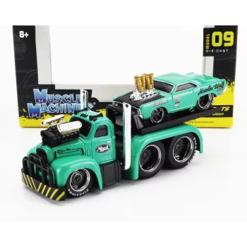   Maisto - MACK B-61 FLATBED TRUCK CAR TRANSPORTER 1953 WITH DODGE DART CUSTOM 1968 GREEEN