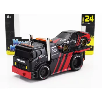   Maisto - TRUCK JDM FLATBED TRUCK CAR TRANSPORTER WITH TOYOTA SPRINTER TRUENO (AE86) ADVAN CUSTOM 1983 BLACK RED