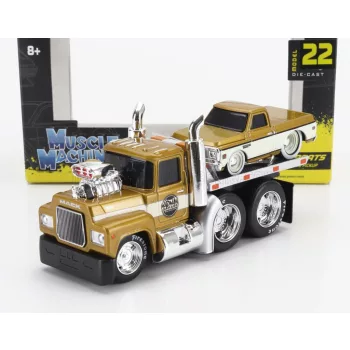   Maisto - MACK R685ST FLATBED TRUCK CAR TRANSPORTER WITH CHEVROLET C-10 PICK-UP CUSTOM 1972 GOLD WHITE