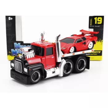   Maisto - MACK R685ST FLATBED TRUCK CAR TRANSPORTER WITH LAMBORGHINI COUNTACH CUSTOM 1988 RED BLACK
