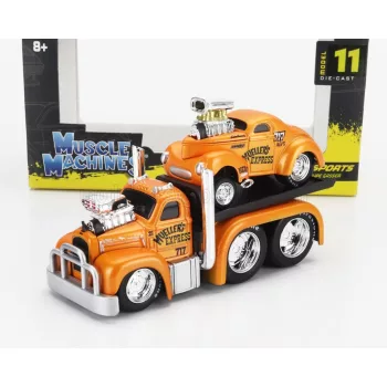   Maisto - MACK B-61 FLATBED TRUCK CAR TRANSPORTER 1953 WITH WILLYS COUPE GASSER CUSTOM 1941 ORANGE MET