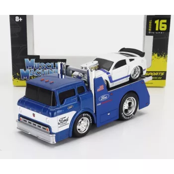   Maisto - FORD USA COE FLATBED TRUCK CAR TRANSPORTER 1965 WITH MUSTANG BOSS 302 CUSTOM 2013 BLUE SILVER