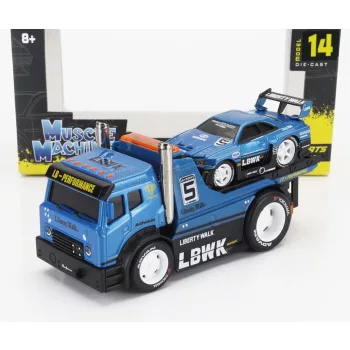   Maisto - TRUCK JDM FLATBED TRUCK CAR TRANSPORTER WITH NISSAN SKYLINE GT-R CUSTOM 1999 BLUE MET BLACK