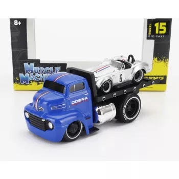   Maisto - FORD USA COE FLATBED TRUCK CAR TRANSPORTER 1965 WITH SHELBY COBRA N 6 CUSTOM 1964 BLUE SILVER
