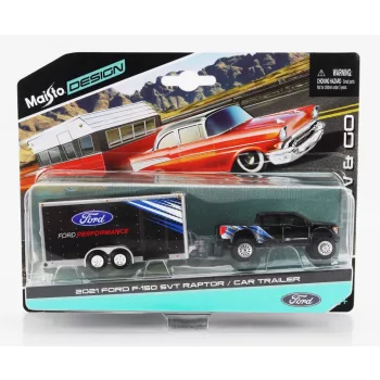   Maisto - FORD USA F-150 SVT RAPTOR PICK-UP WITH CAR TRANSPORTER TRAILER 2021 BLACK