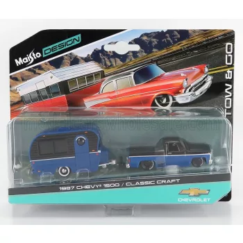   Maisto - CHEVROLET 1500 PICK-UP WITH TRAILER ROULOTTE 1987 BLUE BLACK