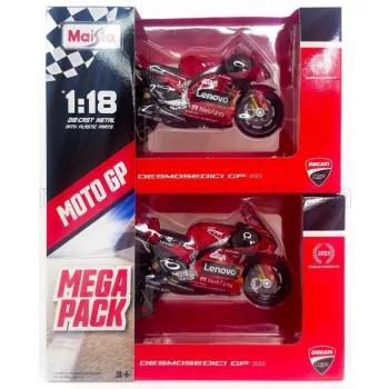   Maisto - DUCATI SET 2X DESMOSEDICI GP23 TEAM LENOVO N 1 WORLD CHAMPION MOTOGP SEASON 2023 FRANCESCO BAGNAIA + N 23 MOTOGP SEASON 2023 ENEA BASTIANINI RED
