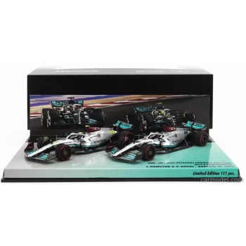   Minichamps - Mercedes Gp F1 Set 2X W13E Team Mercedes-Amg Petronas F1 N 44 3Rd Bahrain Gp 2022 Lewis Hamilton + N 63 4Th Bahrain Gp 2022 George Russel Silver Green