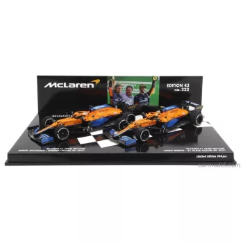   Minichamps - Mclaren F1  Set 2X Coffret Mcl35L Mercedes M12 Eq Power+ Team Mclaren N 3 Winner Italy Gp 2021 Daniel Ricciardo + N 4 2Nd Italy Gp 2021 Lando Norris Orange Light Blue