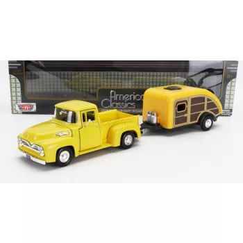   Motor-Max - FORD USA F-100 PICK-UP WITH TRAILER ROULOTTE 1955 YELLOW WOOD