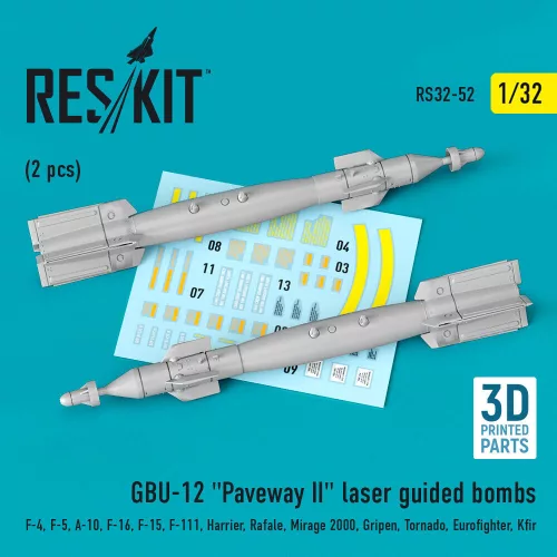 Reskit - GBU-12 Paveway II laser guided bombs (2 pcs) (F-4 F-5 A-10 F-16 F-15 F-111 Harrier Rafale Mirage 2000 Gripen Tornado Eurofighter Kfir) (3D Printed)