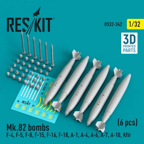 Reskit - Mk.82 bombs (6 pcs) (F-4 F-5 F-8 F-15 F-16 F-18 A-1 A-4 A-6 A-7 A-10 Kfir) (3D Printed)
