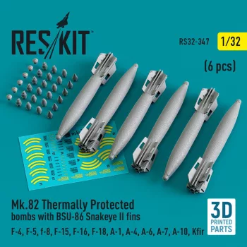   Reskit - Mk.82 thermally protected bombs with BSU-86 Snakeye II fins (6 pcs) (F-4 F-5 F-8 F-15 F-16 F-18 A-1 A-4 A-6 A-7 A-10 Kfir) (3D Printed)