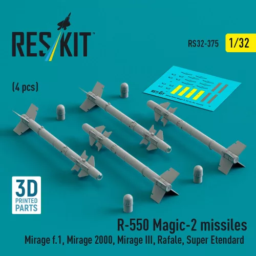 Reskit - R.550 Magic-2 missiles (4 pcs) (Mirage F.1 Mirage 2000 Mirage III Rafale Super Etendard MiG-21 Jaguar) (3D Printed)