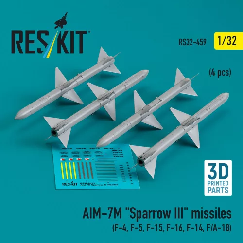Reskit - AIM-7M Sparrow III missiles (4 pcs ) (F-4 F-5 F-15 F-16 F-14 F/A-18) (3D Printed)