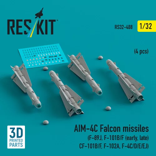 Reskit - AIM-4C Falcon missiles (4 pcs) (F-89J, F-101B/F (early, late), CF-101B/F, F-102A, F-4C/D/E/EJ) (3D Printed)