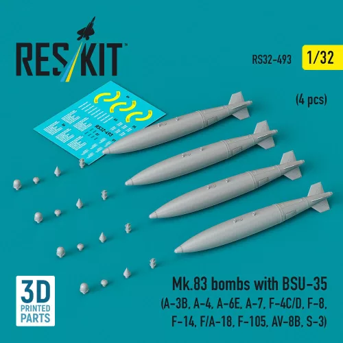 Reskit - Mk.83 bombs with BSU-35 (4 pcs) (A-3B A-4 A-6E A-7 F-4C/D F-8 F-14 F/A-18 F-105 AV-8B S-3) (3D printed)
