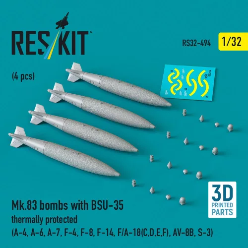 Reskit - Mk.83 bombs with BSU-35 thermally protected (4 pcs) (A-4 A-6 A-7 F-4 F-8 F-14 F/A-18(C,D,E,F) AV-8B S-3) (3D printed)