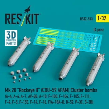   Reskit - Mk 20 Rockeye II (CBU-59 APAM) Cluster bombs (A-4 A-6 A-7 AV-8B A-10 F-100 F-104 F-105 F-111 F-4 F-5 F-15E F-14 F-16 F/A-18A-D B-52 P-3C S-3B) (4 pcs) (3D Printed)