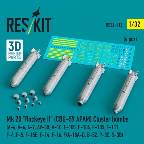 Reskit - Mk 20 Rockeye II (CBU-59 APAM) Cluster bombs (A-4 A-6 A-7 AV-8B A-10 F-100 F-104 F-105 F-111 F-4 F-5 F-15E F-14 F-16 F/A-18A-D B-52 P-3C S-3B) (4 pcs) (3D Printed)