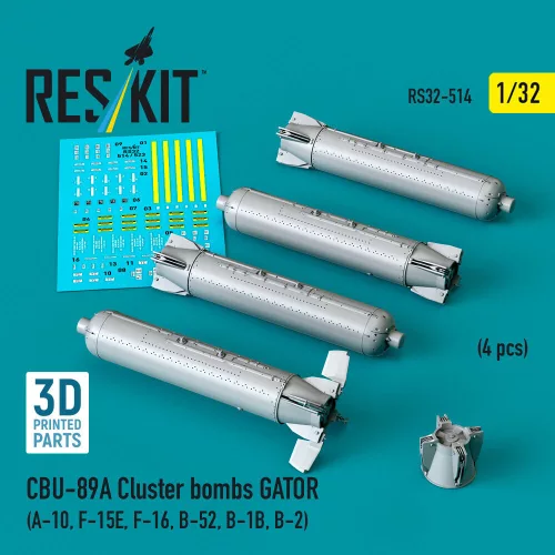 Reskit - CBU-89A cluster bombs GATOR (4 pcs) (A-10, F-15E, F-16, B-52, B-1B, B-2) (3D Printed)