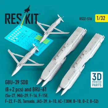   Reskit - GBU-39 SDB (8 pcs) and BRU-61 (2 pcs) (Su-27, MiG-29, F-16, F-15E, F-22, F-35, Tornado, JAS-39, A-10, AC-130W, B-1B, B-2, B-52) (3D Printed)