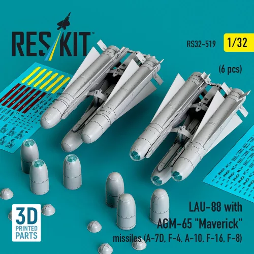 Reskit - LAU-88 with (2 pcs) AGM-65 Maverick missiles (6 pcs) (A-7D F-4 A-10 F-16) (3D Printed)