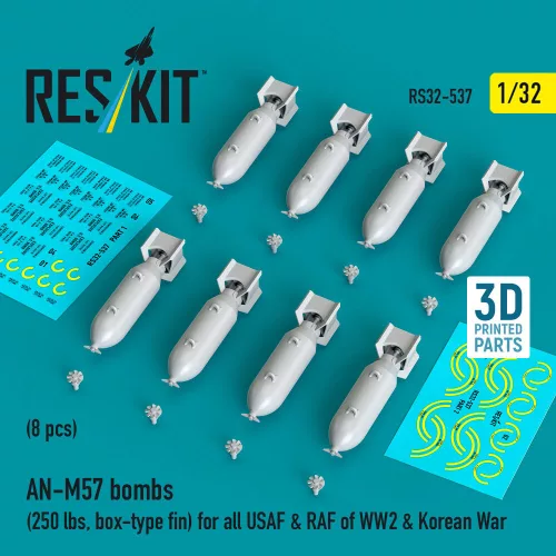 Reskit - AN-M57 bombs (250 lbs box-type fin) for all USAF & RAF of WW2 & Korean War (8 pcs) (3D Printed)