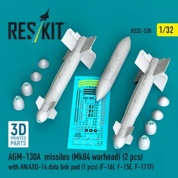   Reskit - AGM-130A missiles (Mk84 warhead) (2 pcs) with AN/AXQ-14 data link pod (1 pcs) (F-16I F-15E F-111F) (3D Printed)