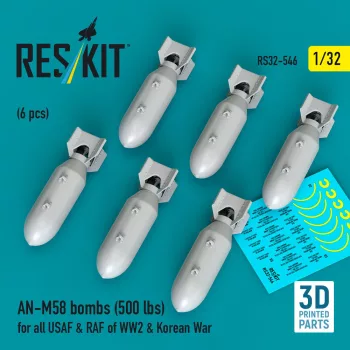   Reskit - AN-M58 bombs (500 lbs) for all USAF & RAF of WW2 & Korean War (6 pcs) (3D Printed)