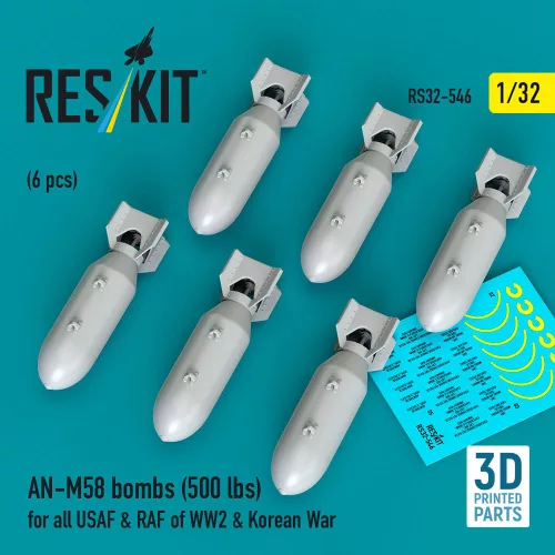 Reskit - AN-M58 bombs (500 lbs) for all USAF & RAF of WW2 & Korean War (6 pcs) (3D Printed)