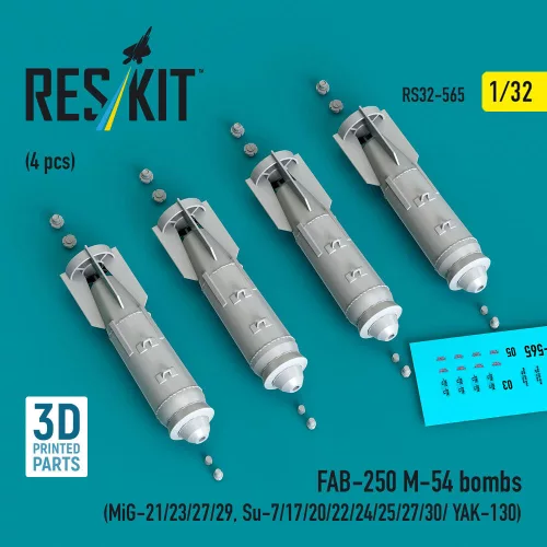 Reskit - FAB-250 ?-54 bombs (4 pcs) (MiG-21/23/27/29, Su-7/17/20/22/24/25/27/30/ YAK-130) (3D Printed)