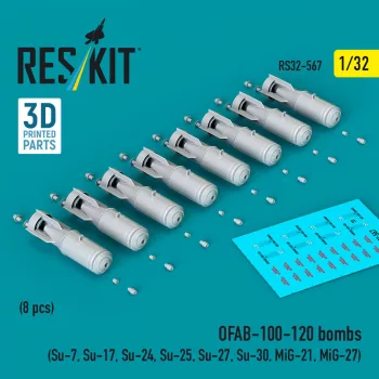   Reskit - OFAB-100-120 bombs (8 pcs) (Su-7 Su-17 Su-24 Su-25 Su-27 Su-30 MiG-21 MiG-27) (3D Printed)